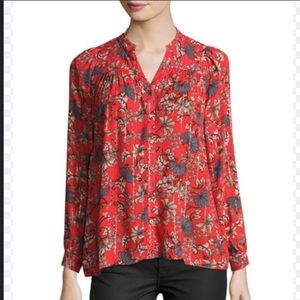 Ba&sh Edgy Floral-print  Button-front Top Rouge Red Metallic Sz 2